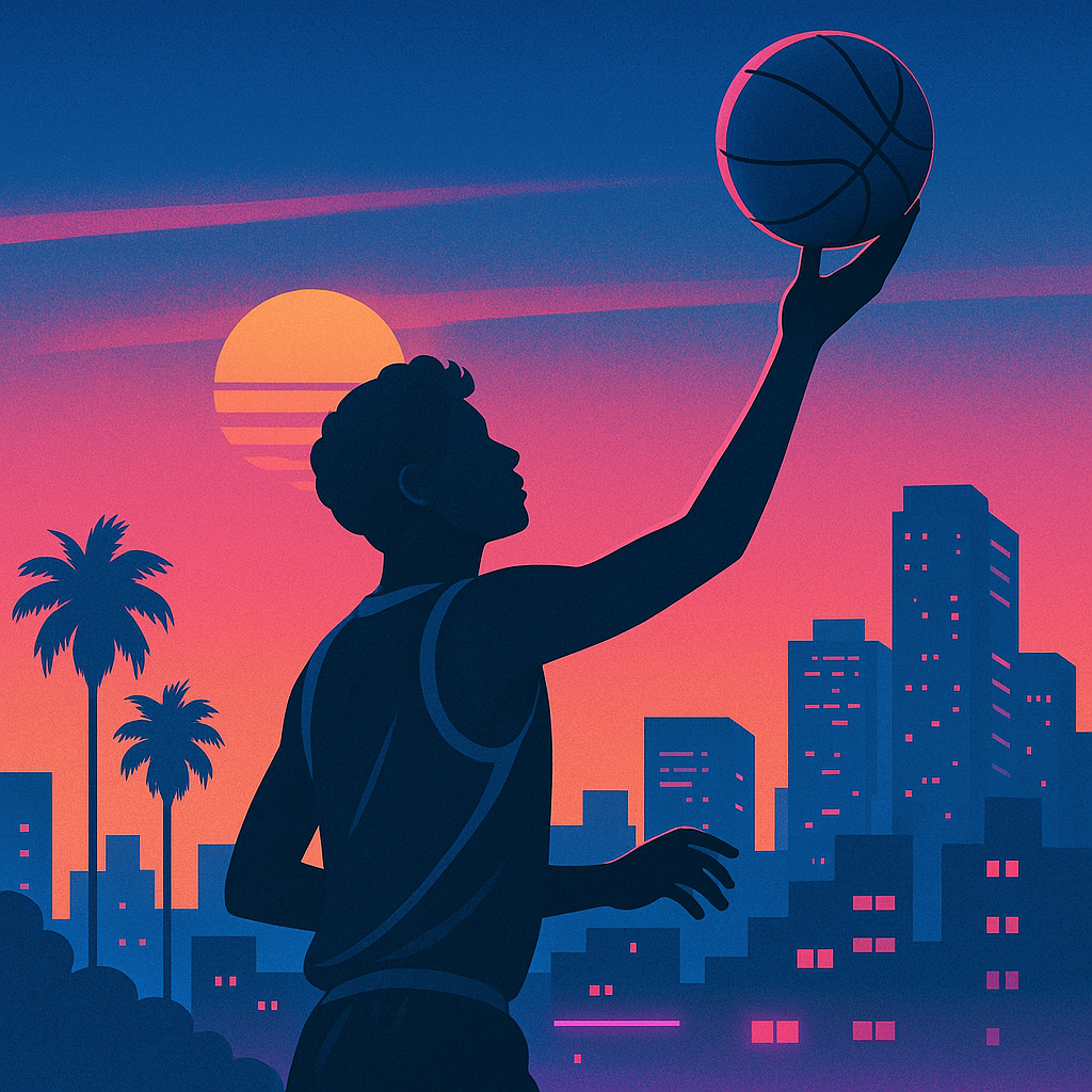 夕暮れの空を背景にバスケットボールを掲げるプレーヤーのイラスト